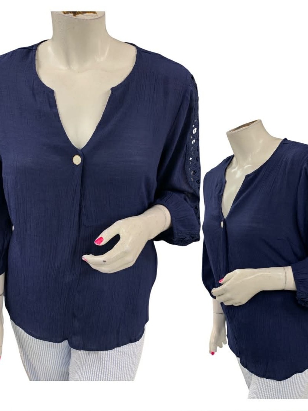 Como Blu Women's Navy V-Neck Button Sleeve Eyelet Blouse Size 3X